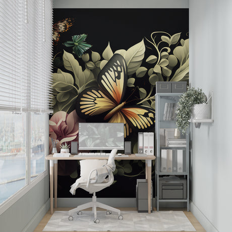 Butterfly wall mural creating a cozy atmosphere in a modern living room with dark furniture