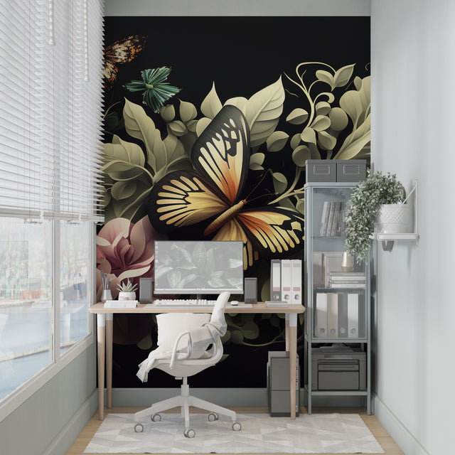 Butterfly wall mural creating a cozy atmosphere in a modern living room with dark furniture