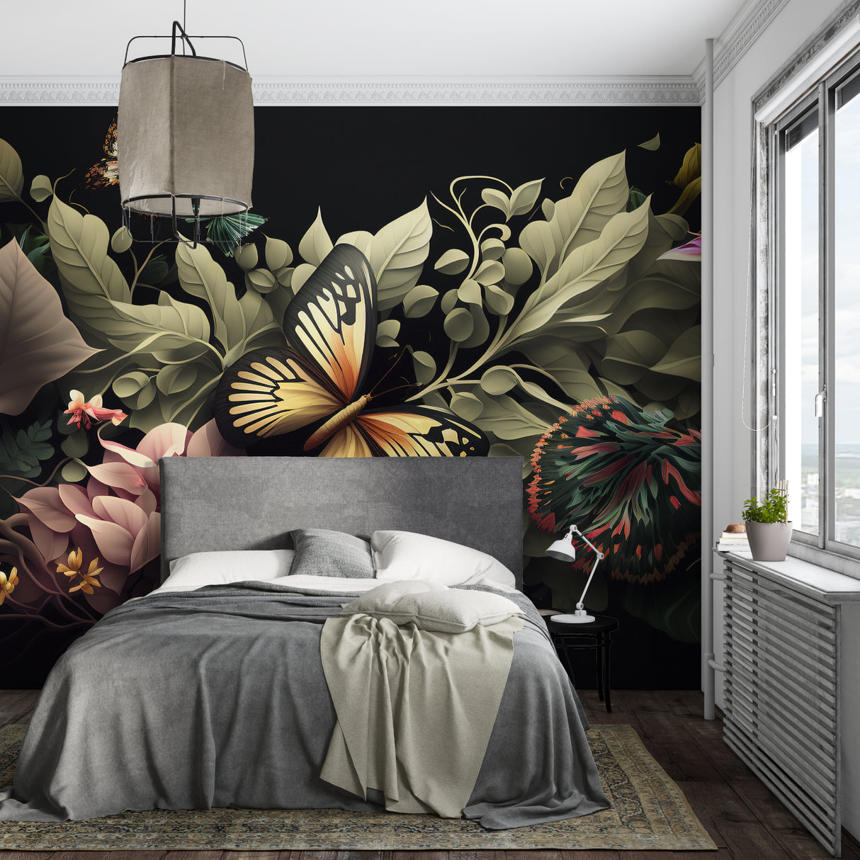 Nature-inspired wall mural adding drama to a dining room with golden lighting