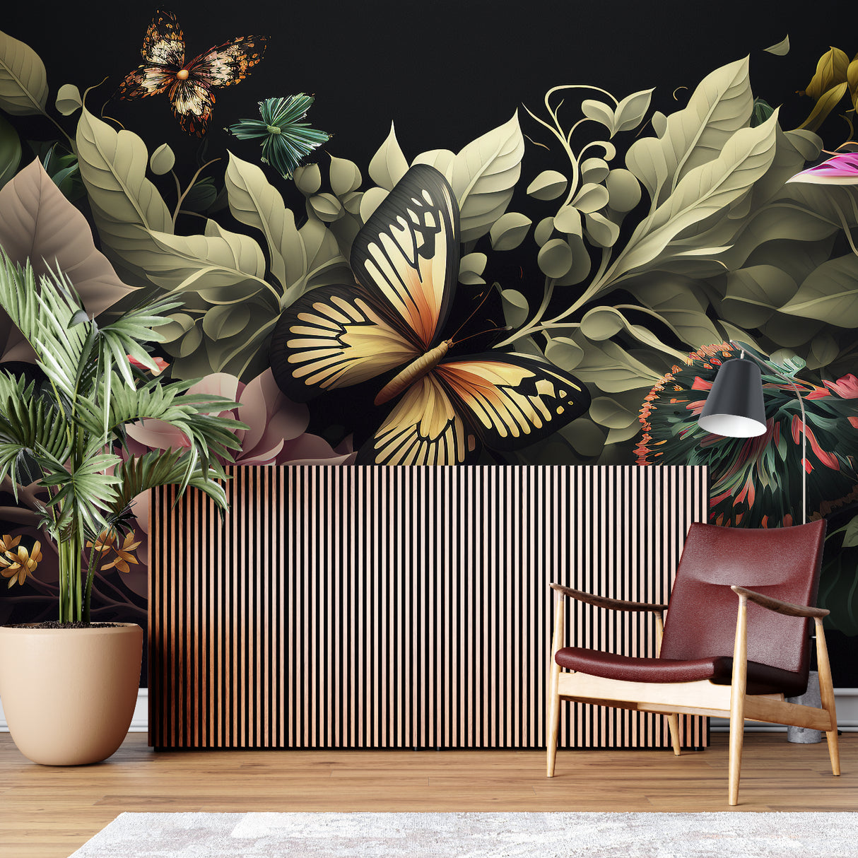 Dark garden wallpaper transforming an entrance hall into an elegant space