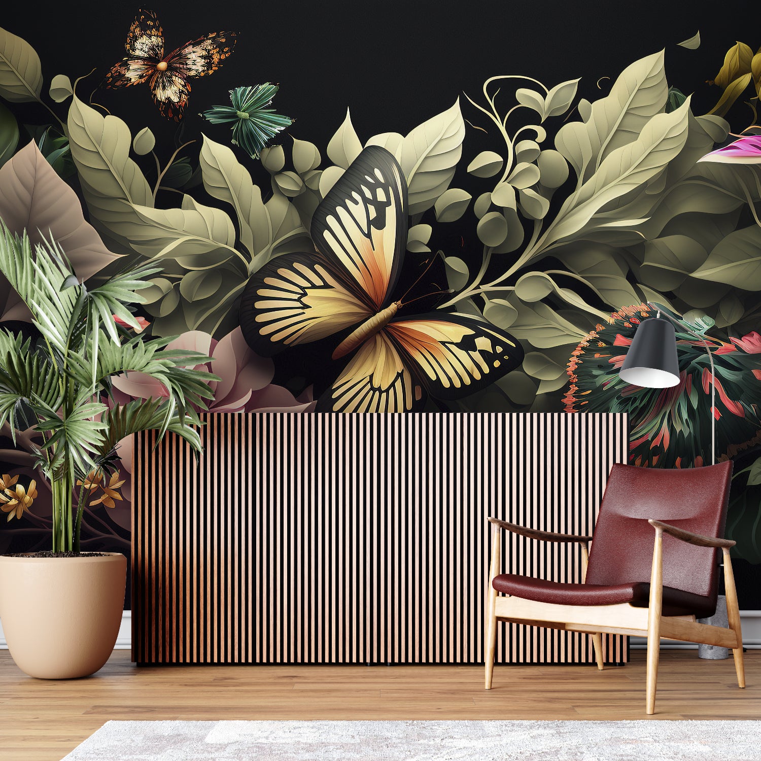 Dark garden wallpaper transforming an entrance hall into an elegant space