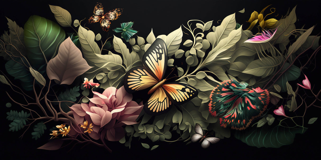 Butterfly garden wallpaper design file showing intricate pattern details on black background
