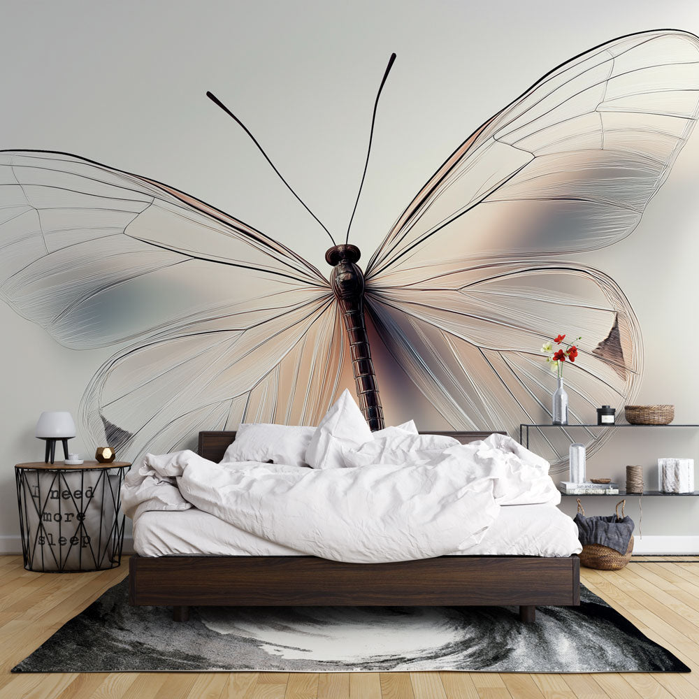 White Butterfly Wallpaper Mural creating a peaceful atmosphere in a modern minimalist bedroom with natural lighting
