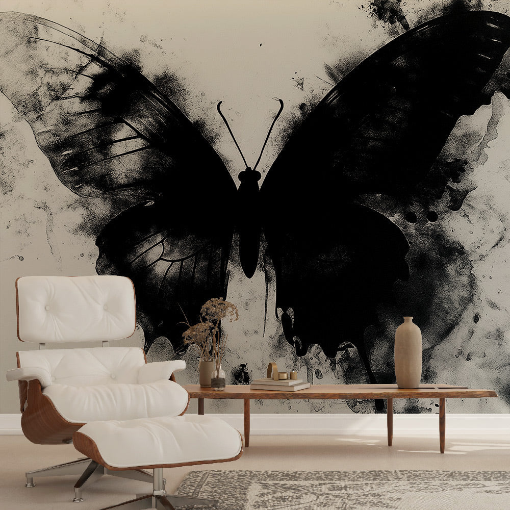 Black butterfly watercolor wallpaper creating dramatic impact in modern living room with white furniture