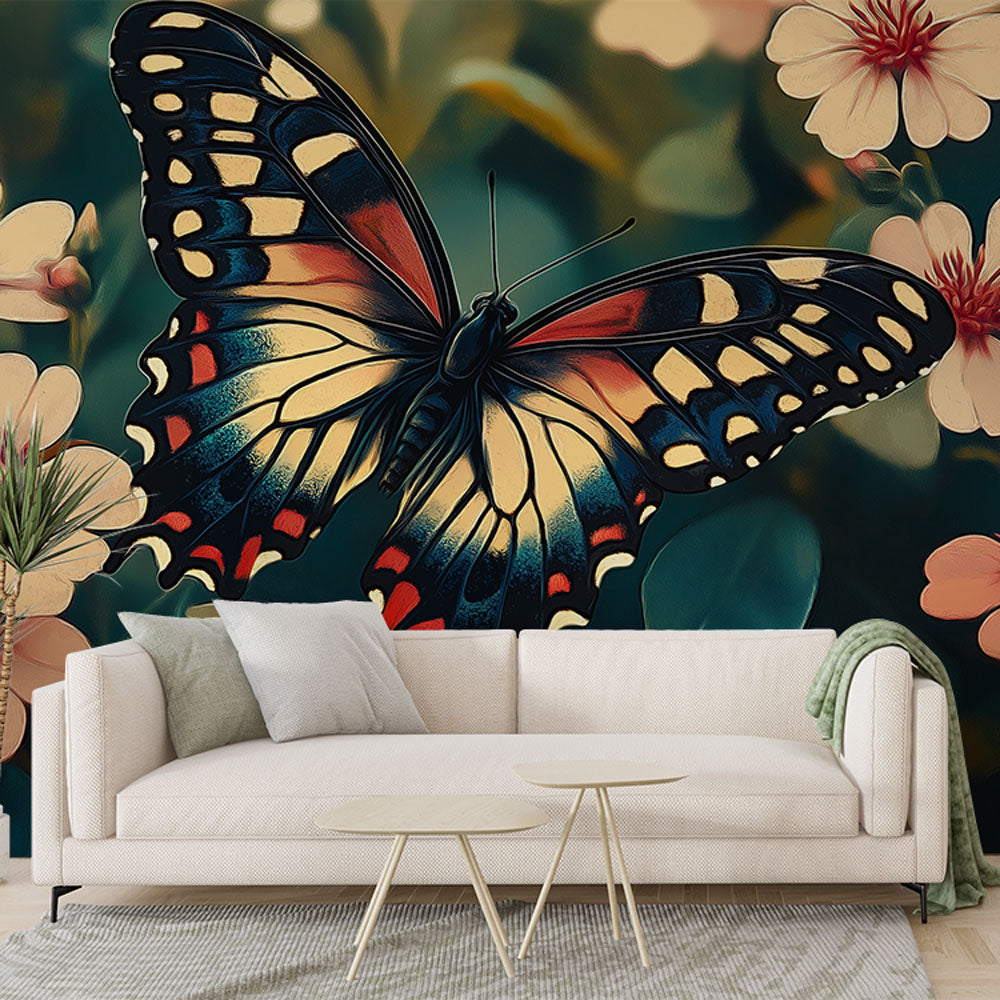 Beautiful Butterfly Mural Wallpaper creating a bright and airy feel in a modern living room