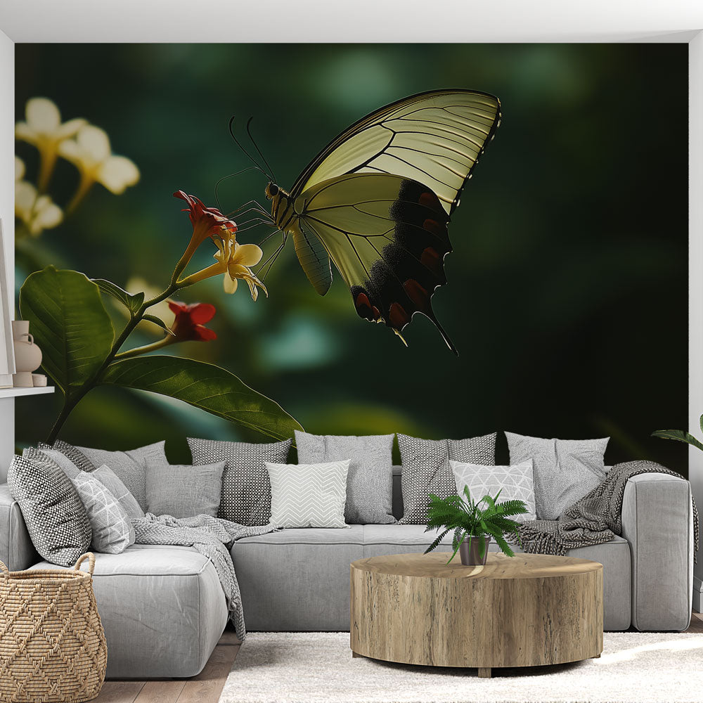 Butterfly wallpaper mural styled in bright modern living room, showing swallowtail design with tropical flowers
