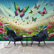 Butterfly garden wallpaper creating a peaceful atmosphere in a bright modern living room with natural light