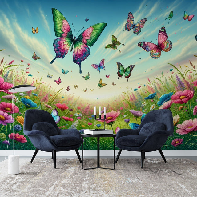 Butterfly garden wallpaper creating a peaceful atmosphere in a bright modern living room with natural light