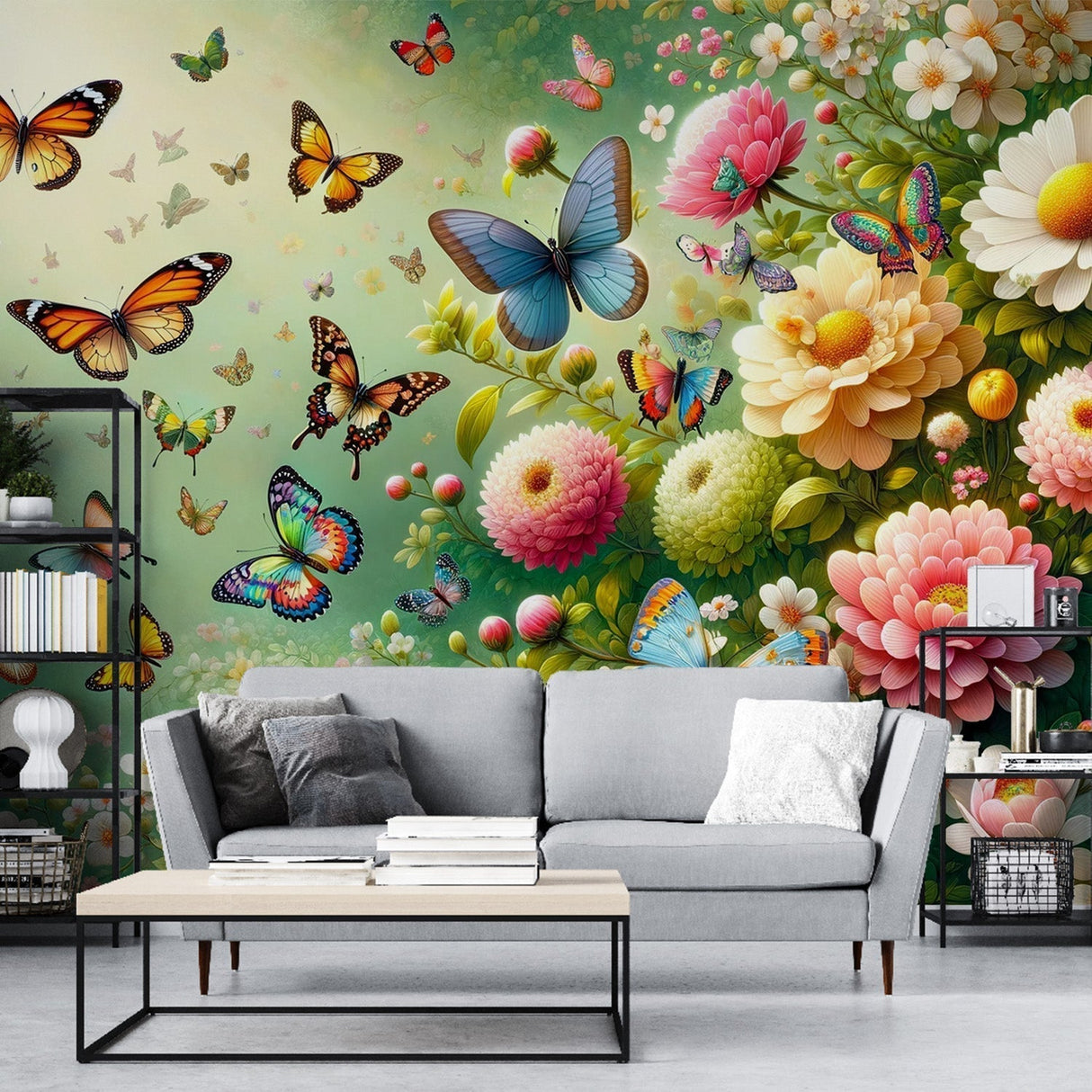 Butterfly garden wall mural creating a peaceful atmosphere in a bright living room with natural light