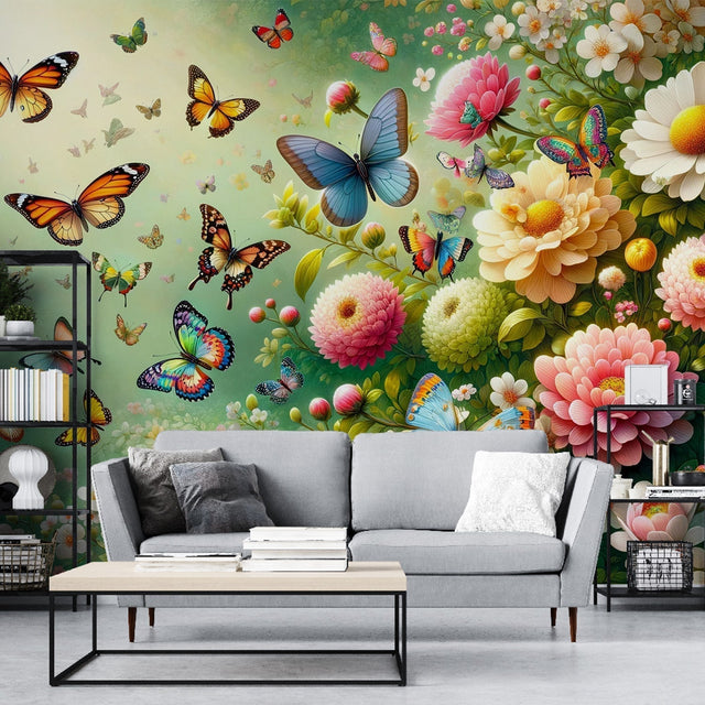 Butterfly garden wall mural creating a peaceful atmosphere in a bright living room with natural light