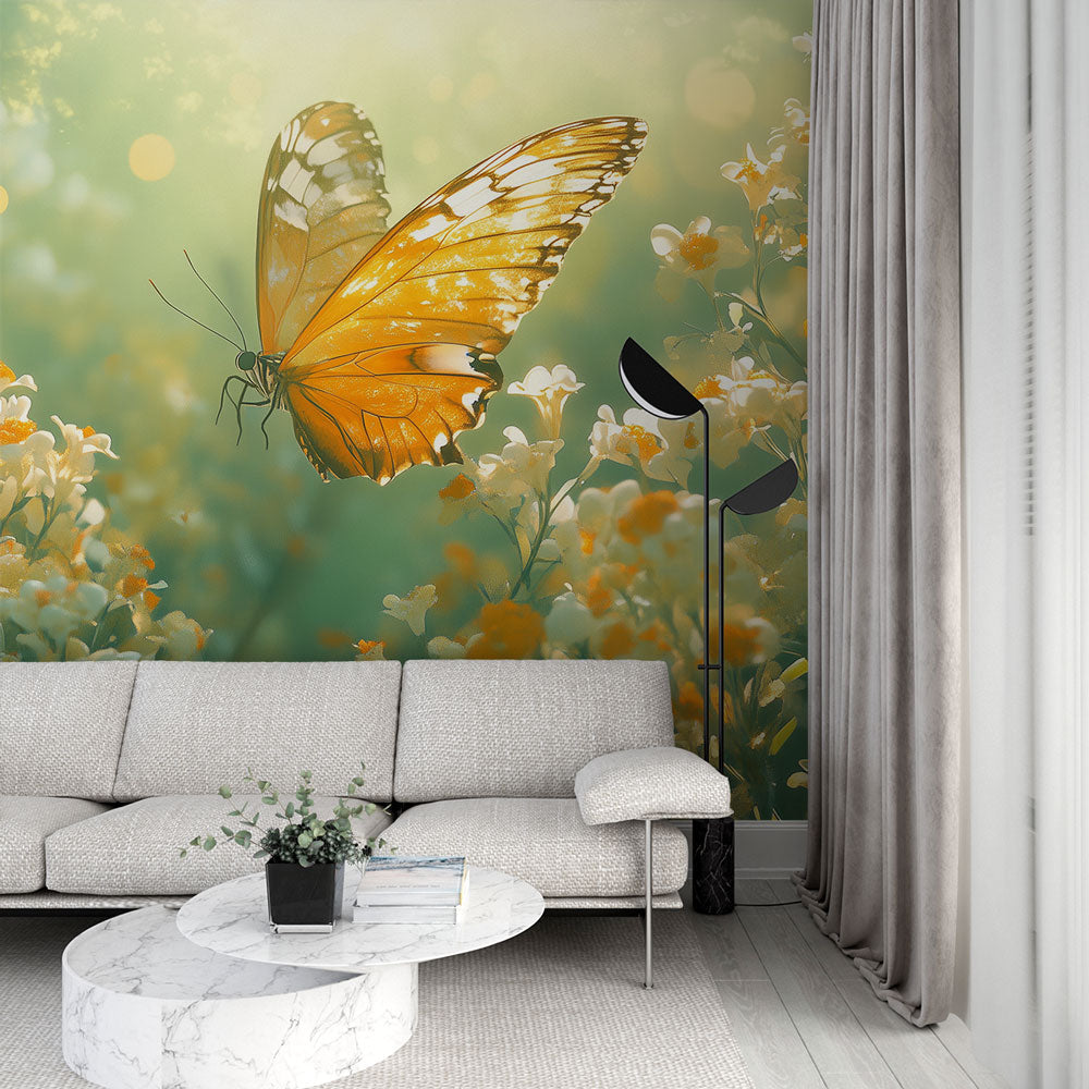 Butterfly wall mural with golden wings creating a bright, airy feel in a modern living room with natural light