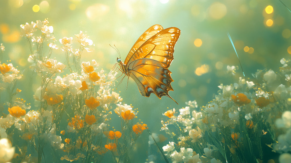 Butterfly wall mural creating a stunning focal point in a bright living room, golden wings catching natural light