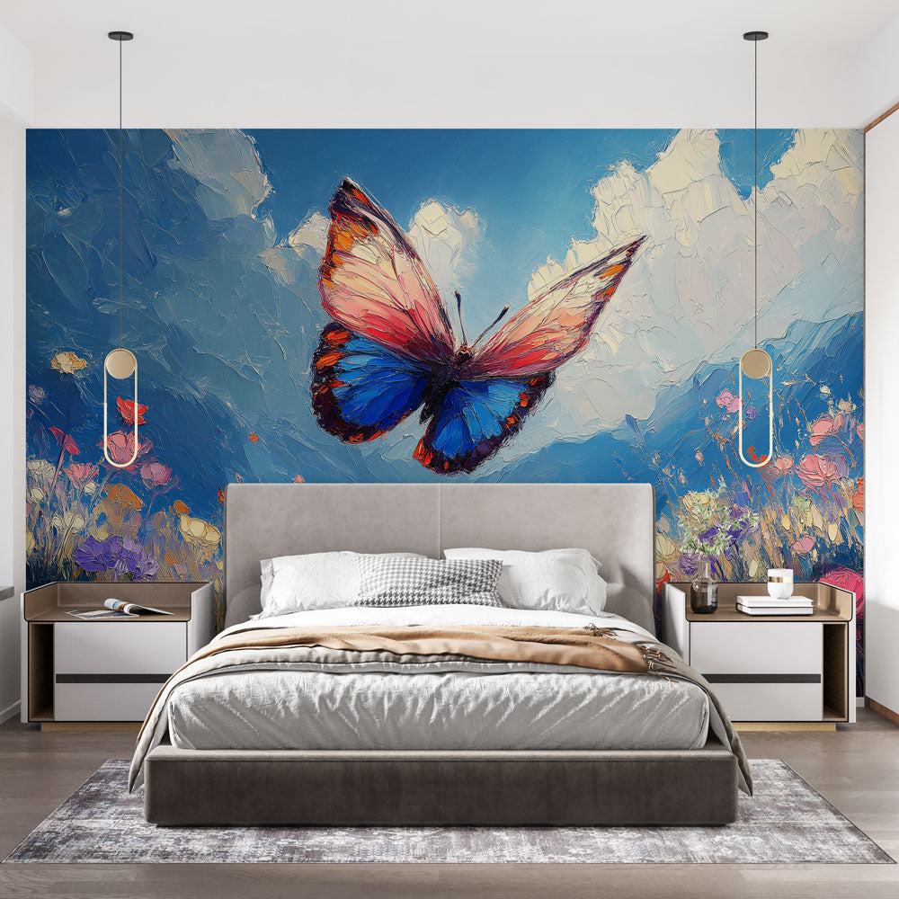 Butterfly and wildflower mural wallpaper creating a dreamy atmosphere in a bright living room with modern furniture