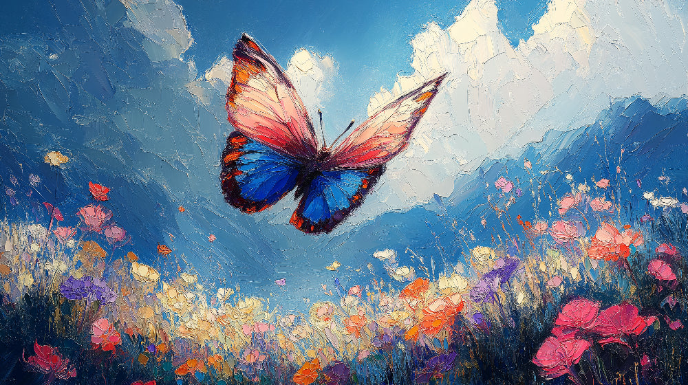 Impressionist butterfly and wildflower wallpaper design file showing detailed brushstrokes and color palette