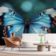 Blue Butterfly wall mural creating a stunning focal point in a modern living room with white furniture