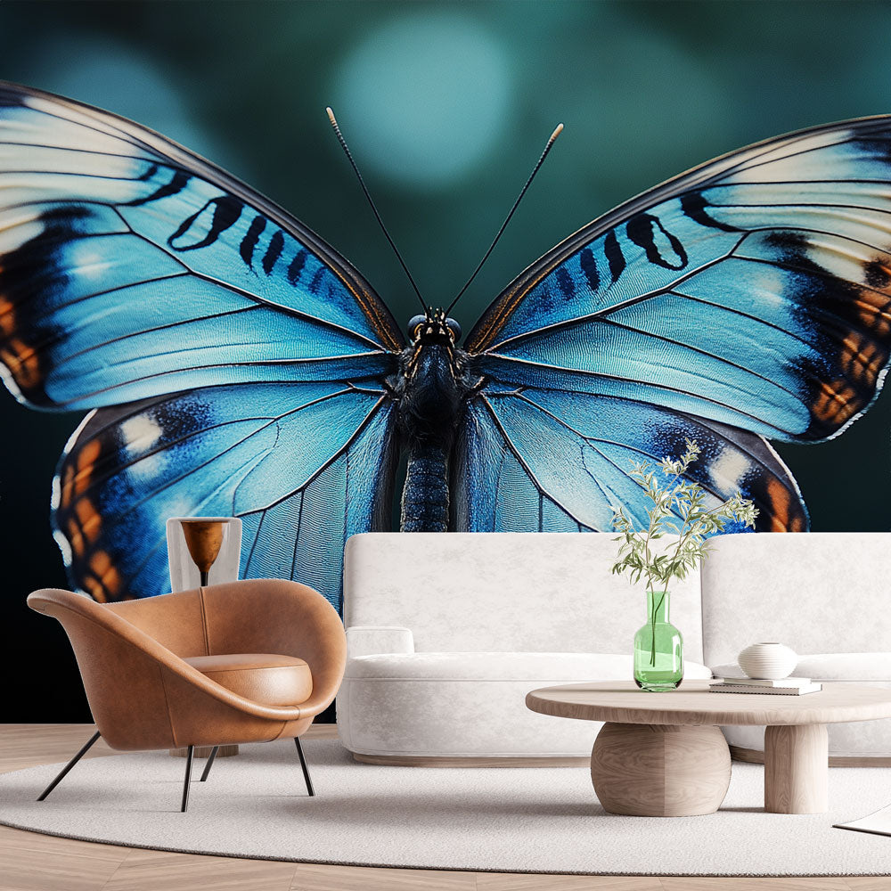 Blue Butterfly wall mural creating a stunning focal point in a modern living room with white furniture