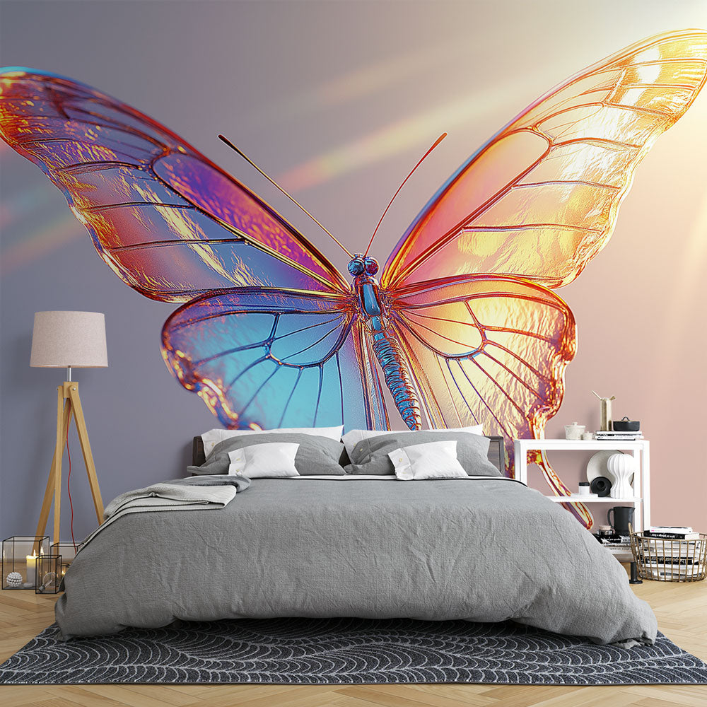 Butterfly wall mural creating a stunning focal point in a modern living room with iridescent glass art effect