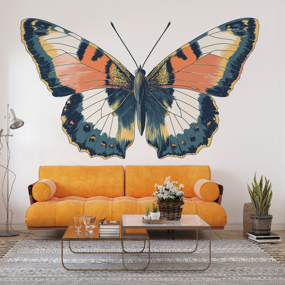 Beautiful Butterfly Wall Mural displayed in a bright modern living room, showing scale and contemporary appeal