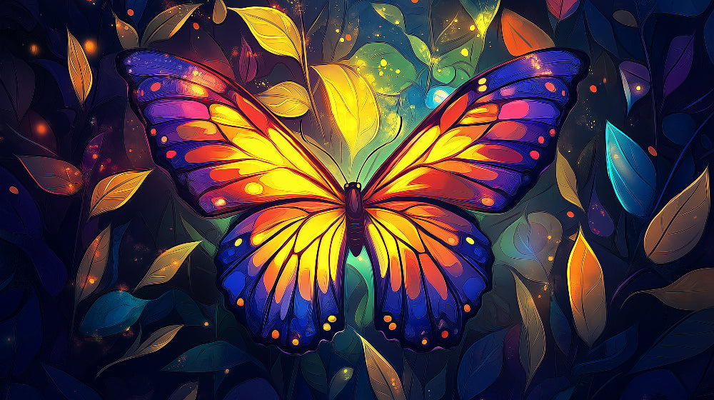 Butterfly Night Garden Mural Wallpaper creating a magical atmosphere in a cozy bedroom with soft lighting