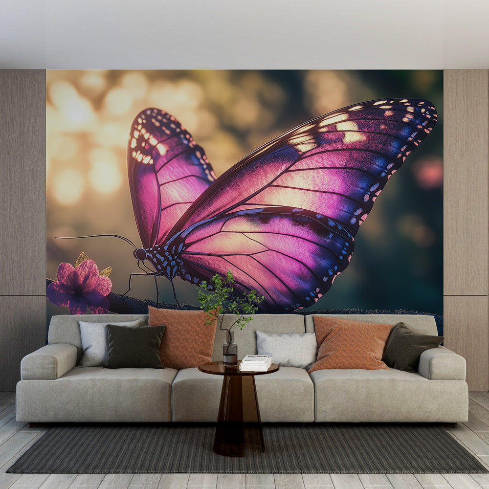 Purple Butterfly Mural Wallpaper creating a magical accent wall in a bright modern bedroom with natural light