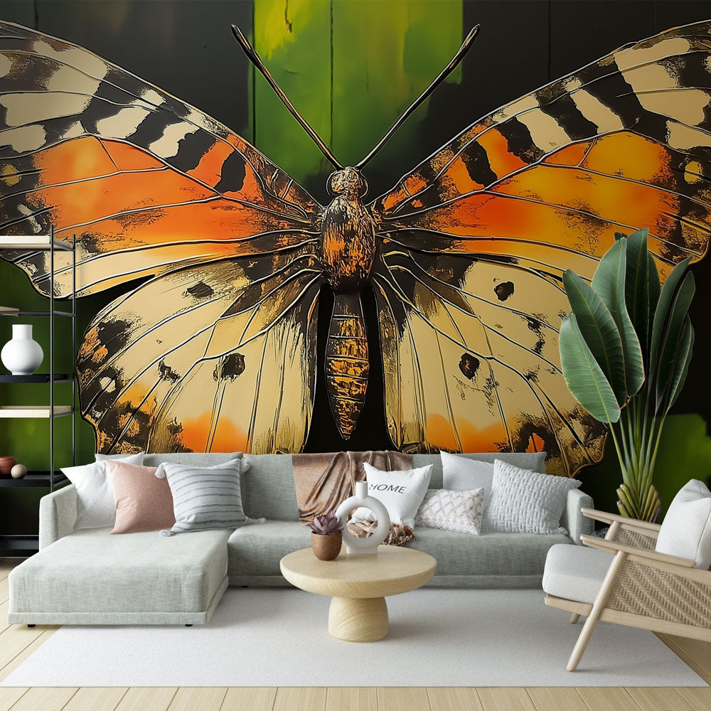 Beautiful Butterfly Wall Mural displayed in a bright modern living room, orange and black wings creating dramatic focal point