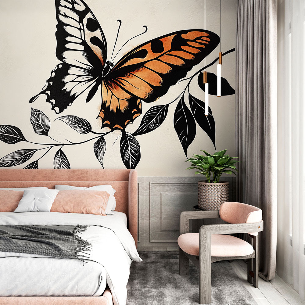 Butterfly wall mural with orange and black wings creating drama in a modern living room with grey furniture
