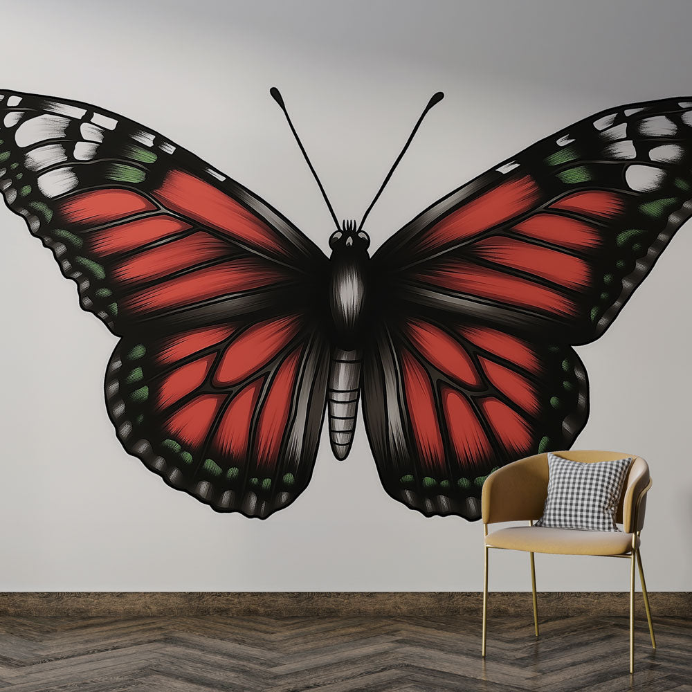 Red Monarch Butterfly Wallpaper displayed in bright modern living room, showing dramatic wing detail and scale