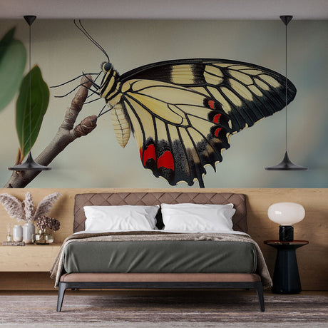 Butterfly wall mural creating a peaceful atmosphere in a bright living room with modern furniture