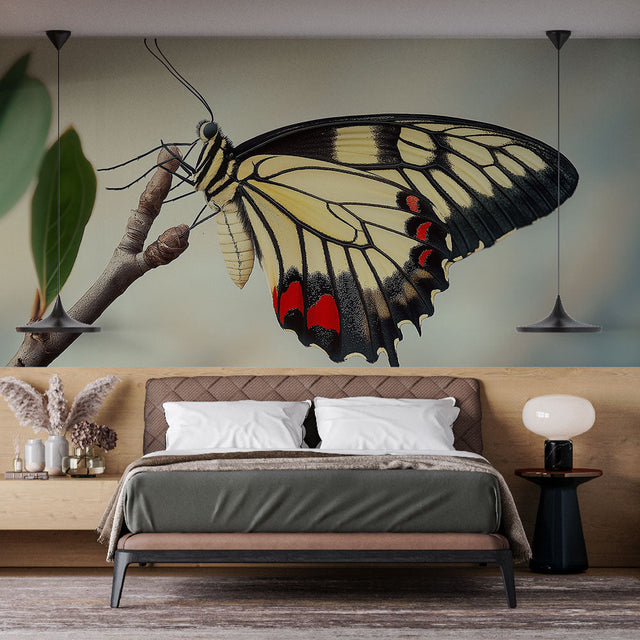 Butterfly wall mural creating a peaceful atmosphere in a bright living room with modern furniture