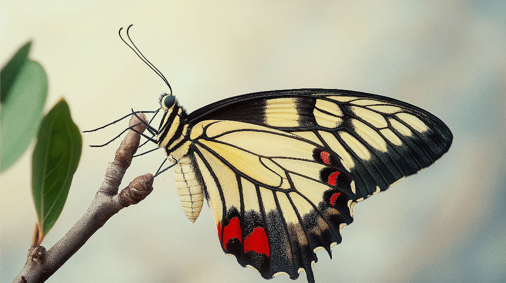 Giant Swallowtail Butterfly design file with cream wings and black veining on misty background