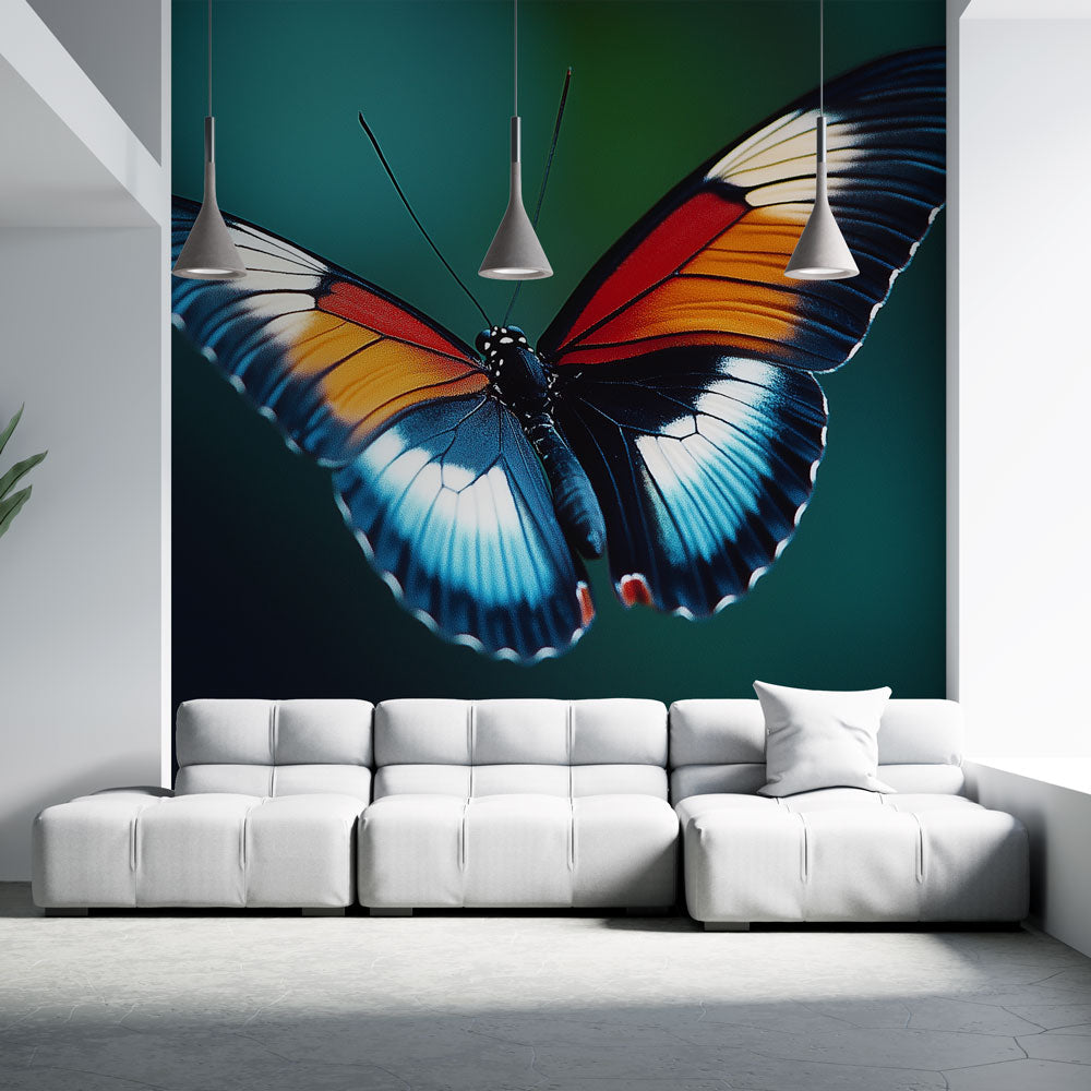 Butterfly wall mural bringing vibrant orange and blue colors to a modern living room setting
