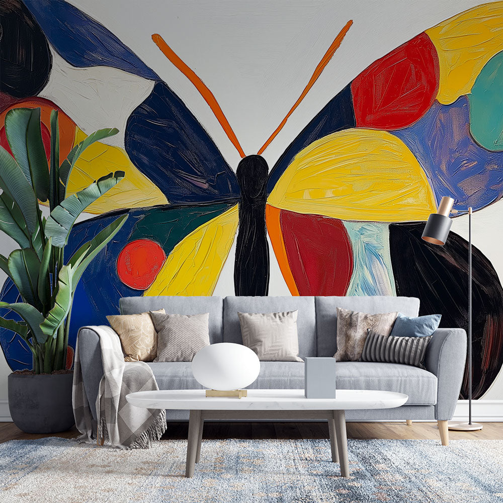Modern Abstract Butterfly Wallpaper creating a stunning focal point in a bright contemporary living room