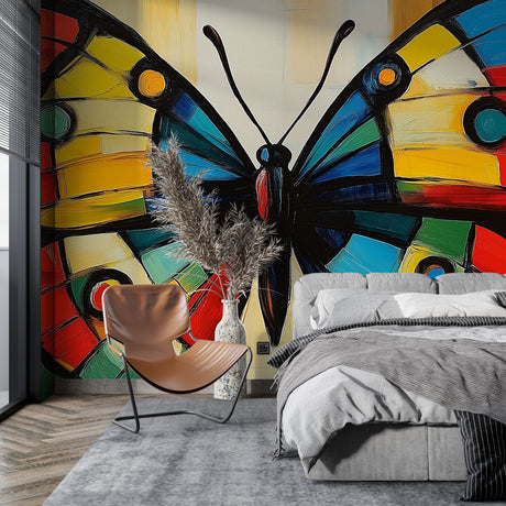 Modern butterfly wall mural bringing artistic flair to a bright contemporary living room space with minimal furniture