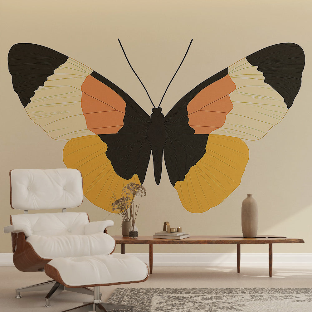 Butterfly wall mural in modern living room, black and gold design creating dramatic accent wall against neutral furniture
