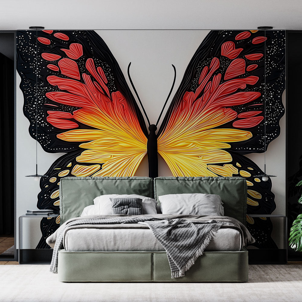 Modern Butterfly Wallpaper displayed in a minimalist living room with black furniture and warm accent lighting