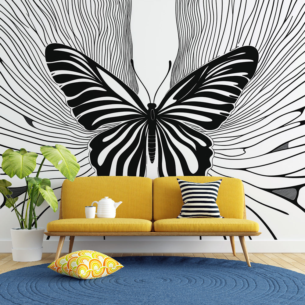 Modern black and white butterfly wallpaper creating dramatic impact in a minimalist living room setting