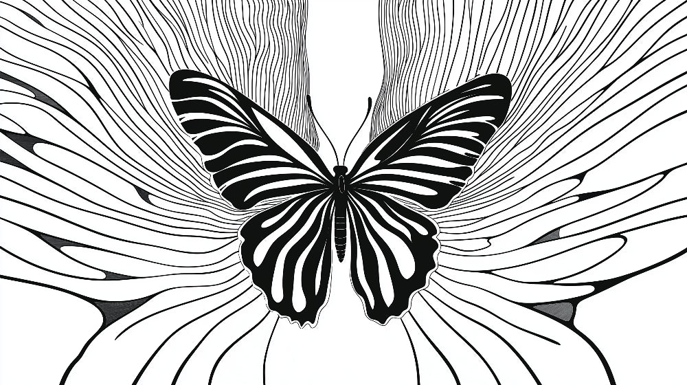Black and white butterfly wall mural design file showing intricate line art pattern