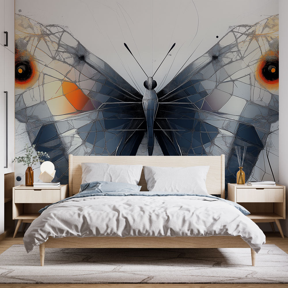Modern butterfly geometric wallpaper in a bright living room, showing navy and orange pattern creating depth