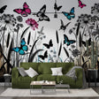 Modern Butterfly Mural Wallpaper with pink and blue wings creating a dreamy atmosphere in a bright living room