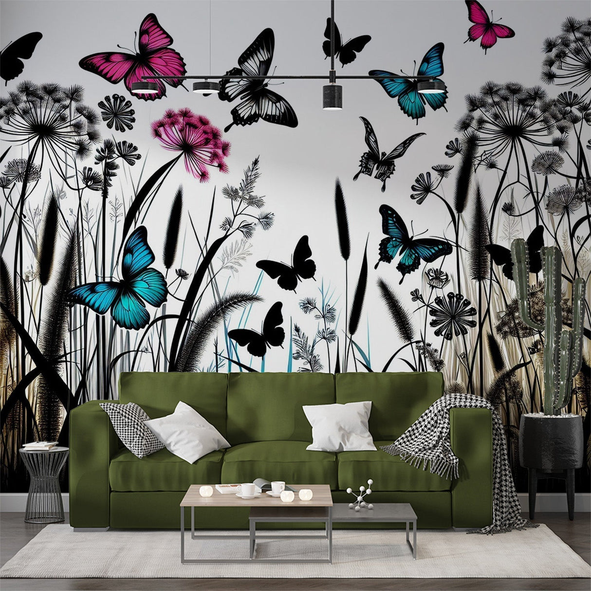 Modern Butterfly Mural Wallpaper with pink and blue wings creating a dreamy atmosphere in a bright living room