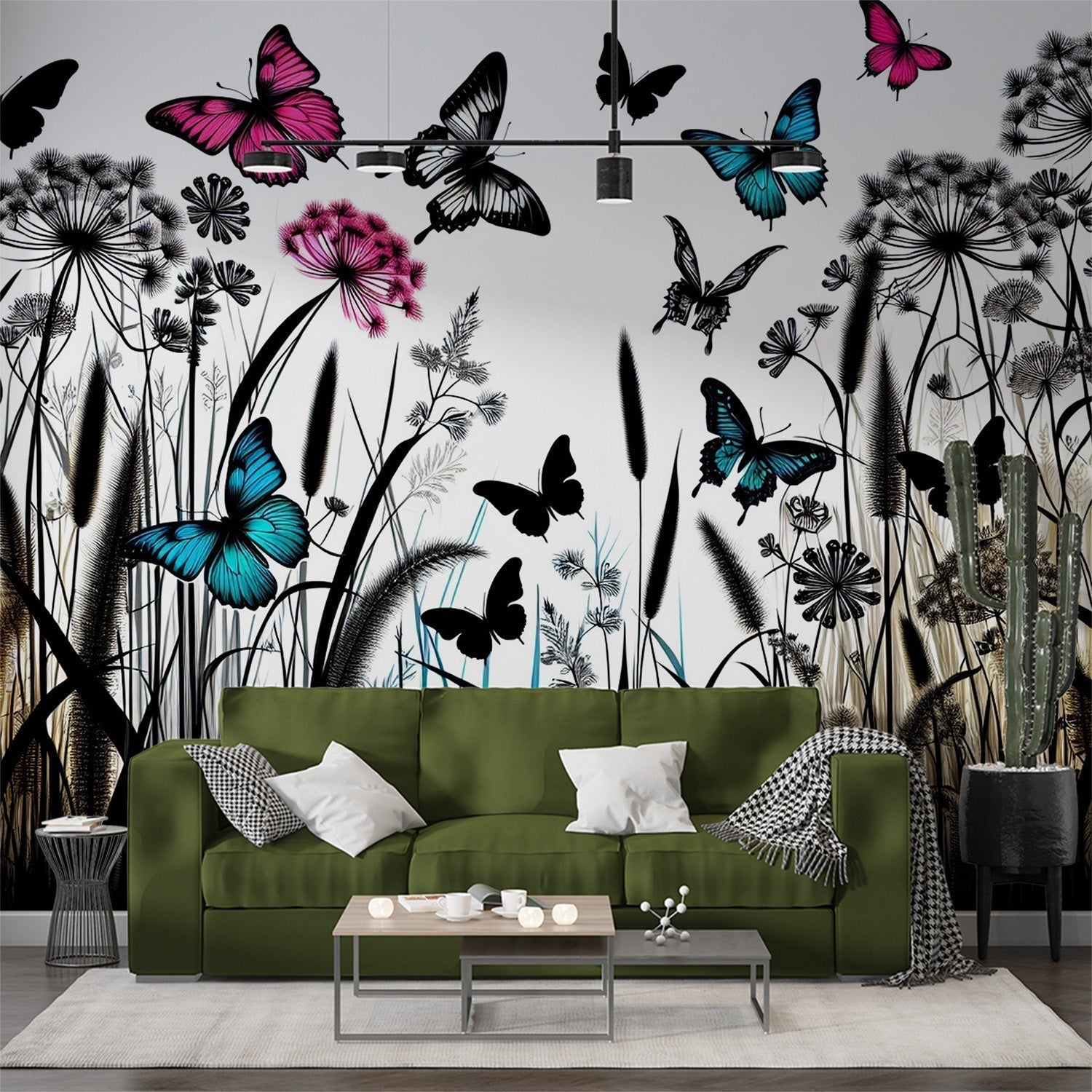 Modern Butterfly Mural Wallpaper with pink and blue wings creating a dreamy atmosphere in a bright living room