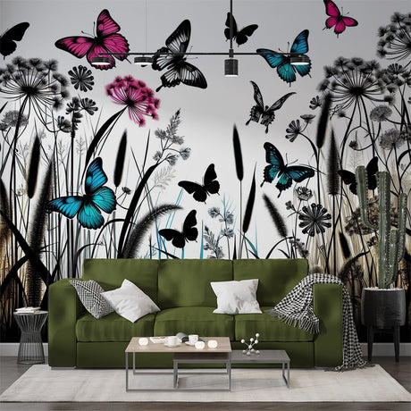 Modern Butterfly Mural Wallpaper with pink and blue wings creating a dreamy atmosphere in a bright living room