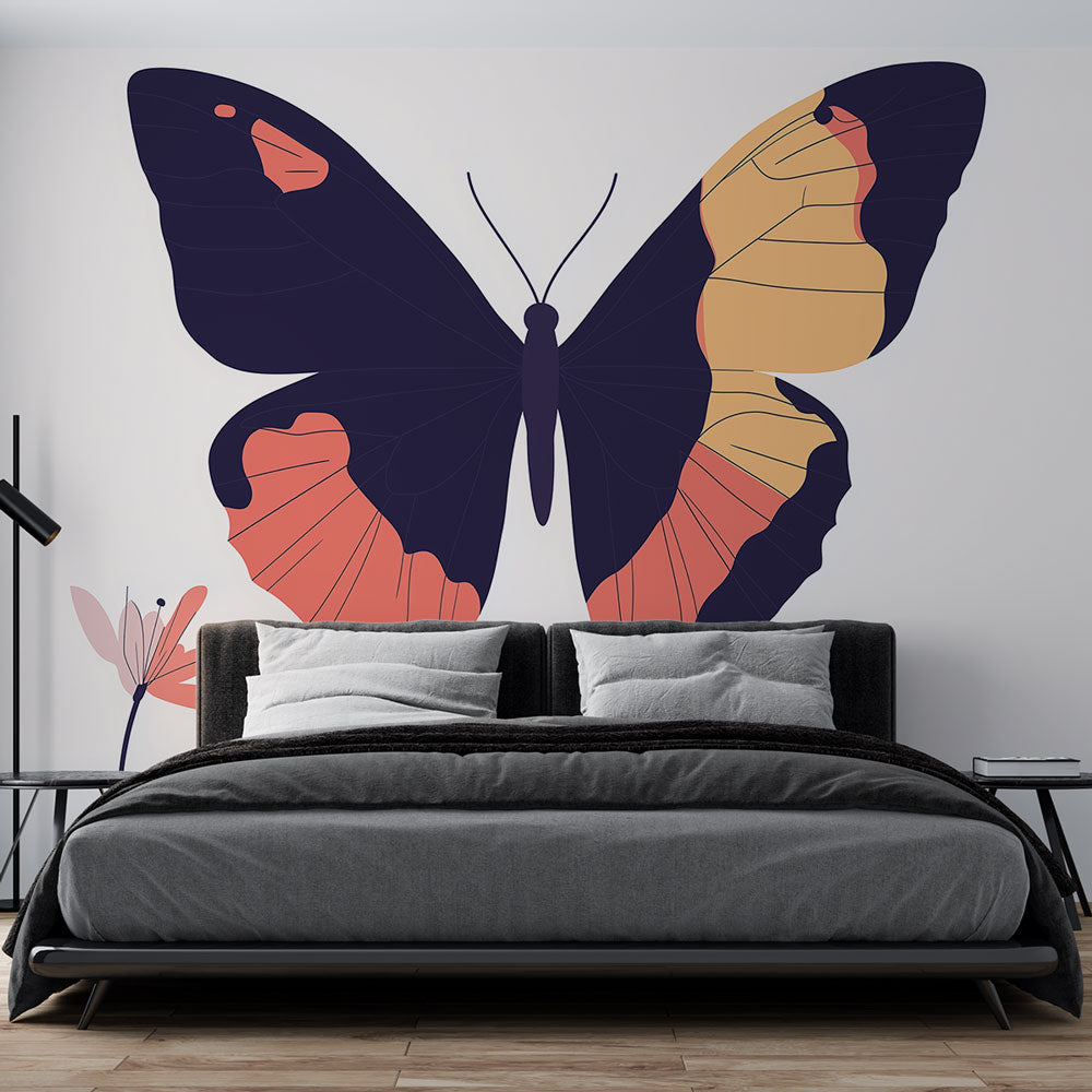 Modern Butterfly Wall Mural showcased in a bright contemporary living room with navy blue and coral accents