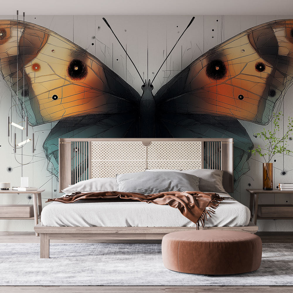 Modern Butterfly Wall Mural adding vibrant orange and turquoise tones to a minimalist living room space