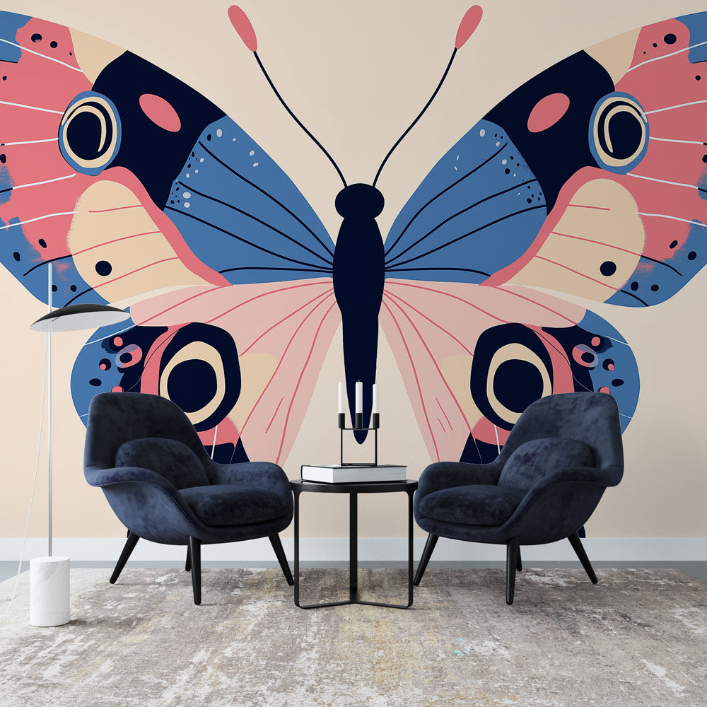Modern butterfly wallpaper in pink and blue tones creating a stunning accent wall in a bright contemporary living room