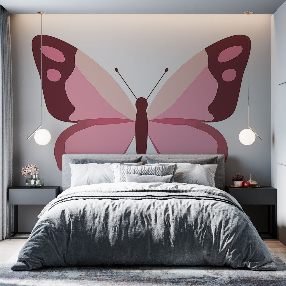 Modern pink butterfly geometric wallpaper in a bright contemporary living room with minimalist furniture
