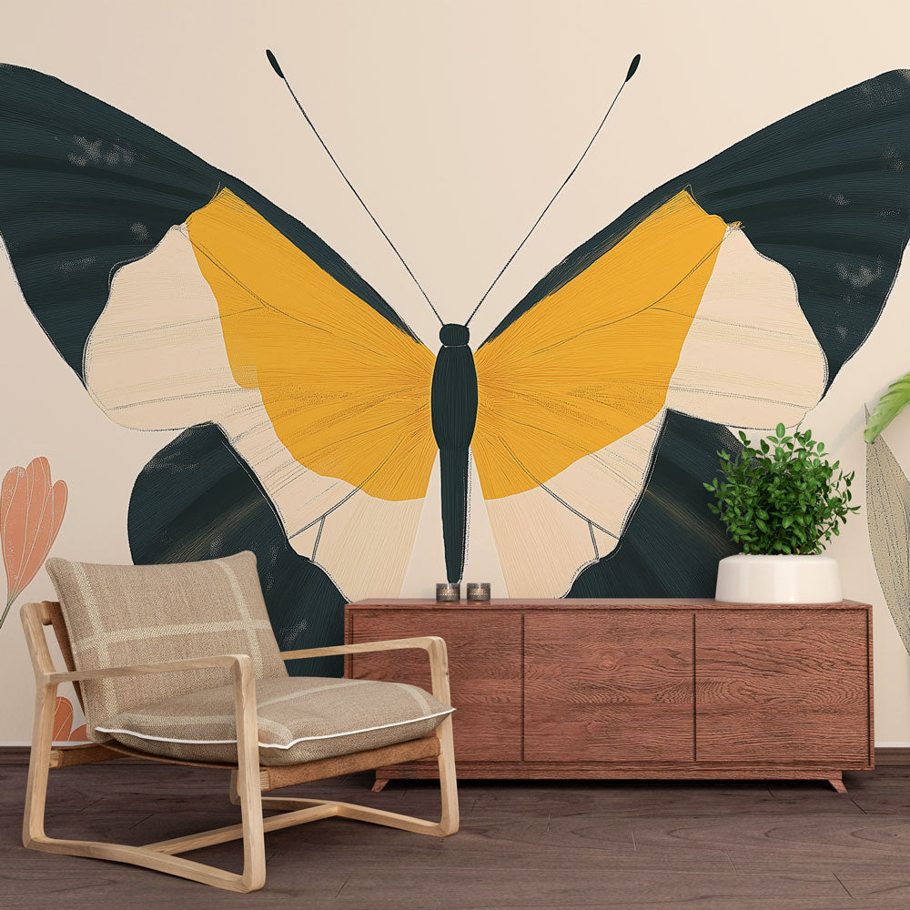Modern Butterfly Wallpaper showcased in a bright living room with minimalist furniture and natural lighting