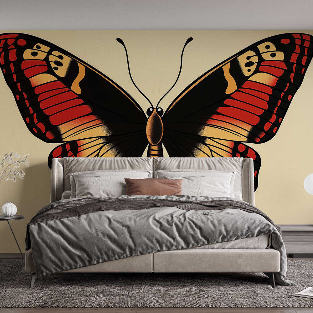 Butterfly wall mural in red and gold tones creating a stunning focal point in a modern living room setting