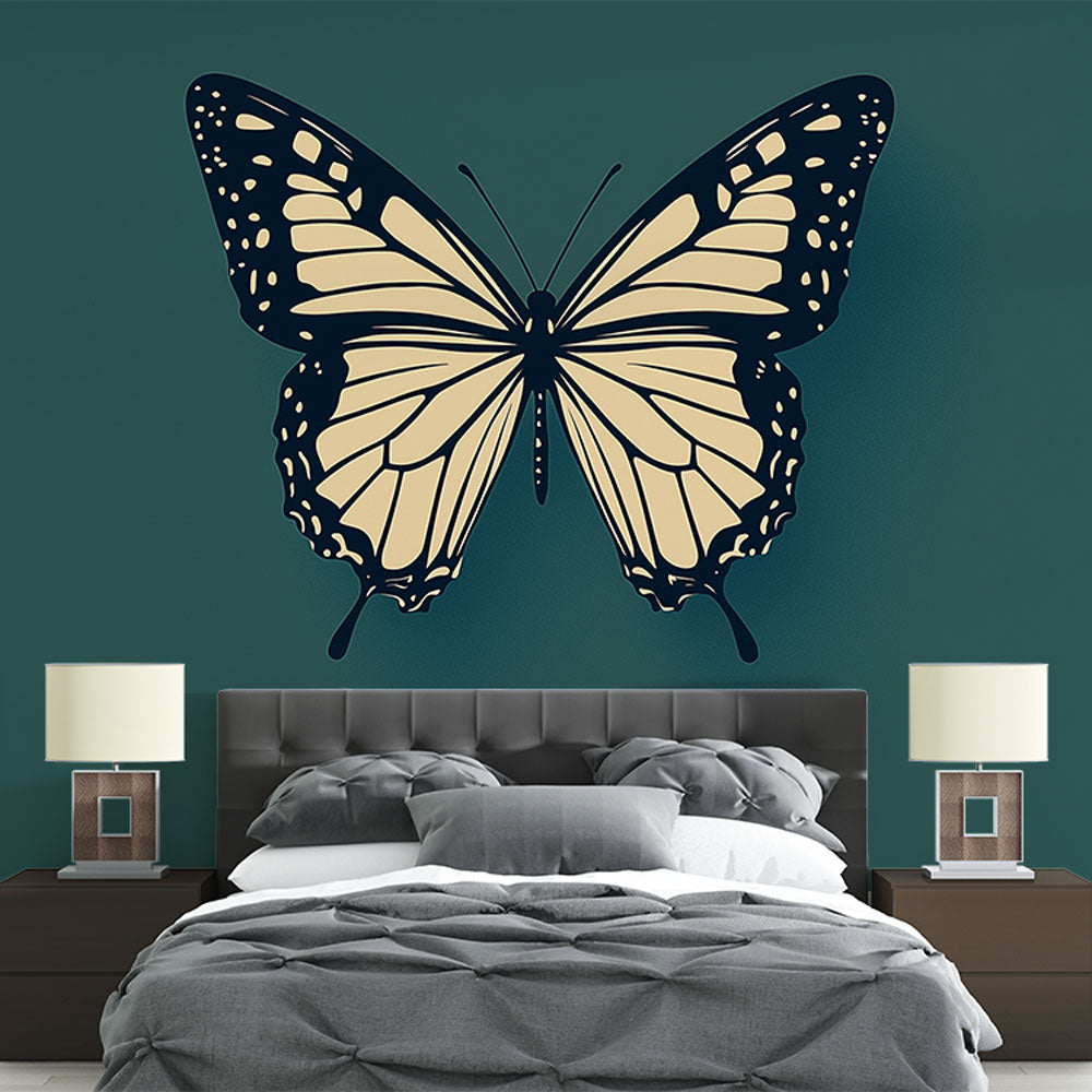 Butterfly Mural Wallpaper creating a stunning focal point in a modern living room with emerald accents