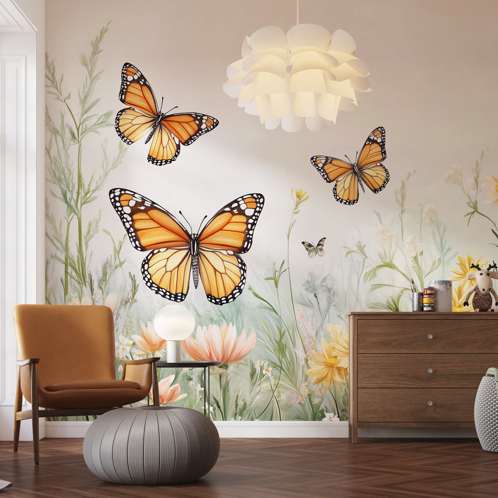 Butterfly wallpaper mural creating a dreamy atmosphere in a bright living room with natural light